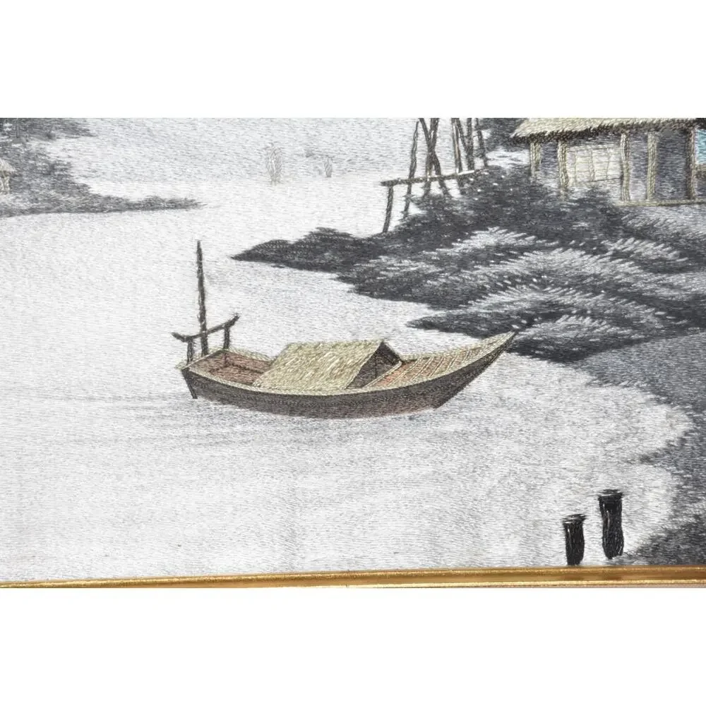 Japanese Landscape Mount Fuji Hand Stitched Silk Embroidery Framed Art